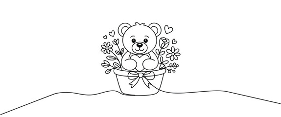 Cute Teddy Bear in Flower Pot with Hearts and Flowers Line Art vector illustration