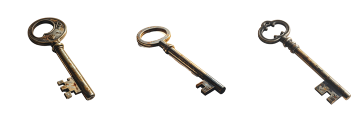 Three Antique Metal Keys With Ornate Tops And Worn Teeth isolated on transparent background. PNG die-cut for advertising