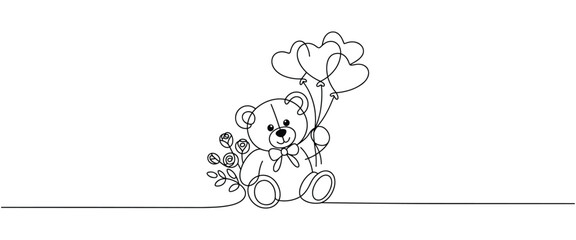 Minimalist Line Drawing of a Teddy Bear Holding Heart Balloons and Roses stuffed animal