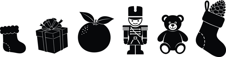 Christmas icon silhouette set, stocking, gift box, orange fruit, toy soldier, teddy bear, festive holiday vector illustration, seasonal decoration design