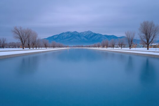 Frozen lake reflects a serene winter landscape surrounded by snow-covered trees and majestic mountains at dawn. World Snow Day