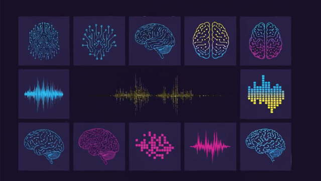 Collection of colorful brain scans and sound wave graphics arranged in a grid on a dark background with a scientific and technological theme.