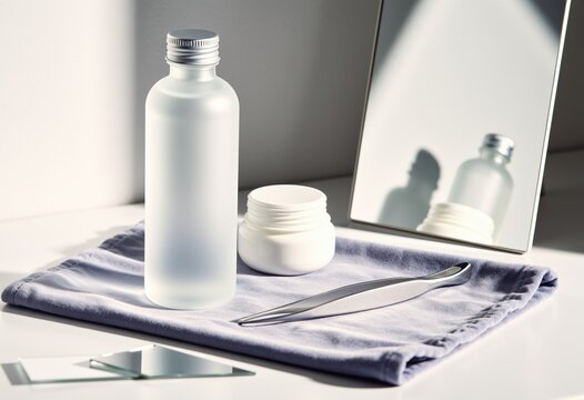 Beauty tools layered triangular composition with bold focal item on soft surface