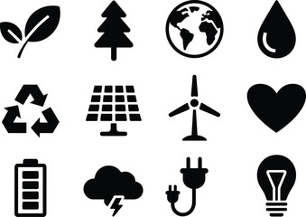 Eco and Renewable Energy Solid Icon Set,Solar Panel, Recycling Bin and Eco House Solid Vector Icons,Nature, Plant Growth and Ecosystem Symbols in Vector Style,Eco-Friendly Energy, Nature Icons,Ai