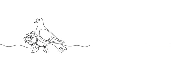 Single Line Drawing of a Dove Perched on a Rose with Leaves bird flower