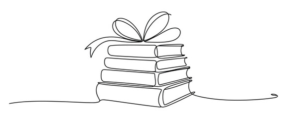 Stack of Books Tied with a Ribbon and Bow in Continuous Line Art Style gift present