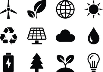 Eco and Renewable Energy Solid Icon Set,Solar Panel, Recycling Bin and Eco House Solid Vector Icons,Nature, Plant Growth and Ecosystem Symbols in Vector Style,Eco-Friendly Energy, Nature Icons,Ai