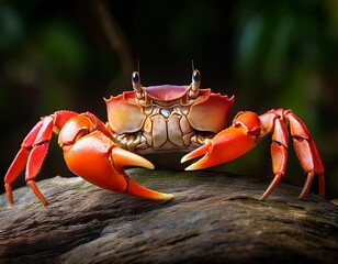 Vibrant Red Crab on Weathered Wood: A Close-Up Portrait of Nature's Intriguing Crustacean, showcasing its unique anatomy.
