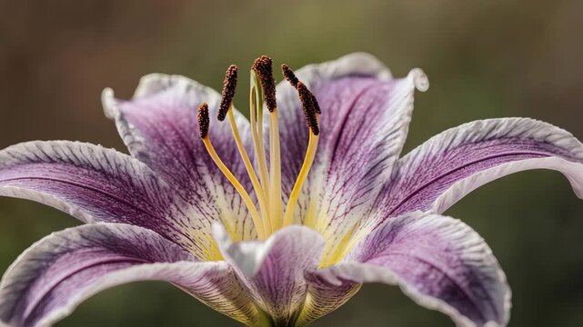 Close up of a striking purple and white striped lily flower