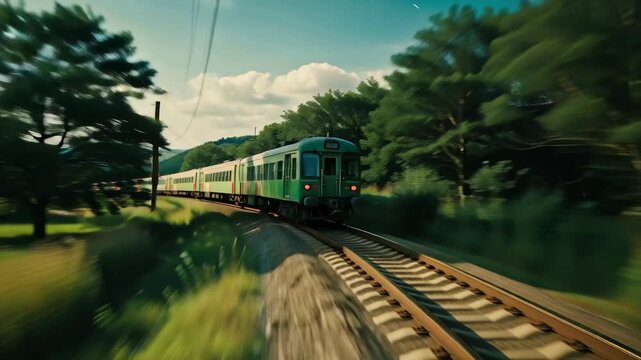 Green Train Journey Rural Landscape, Railway Travel, Motion Blur