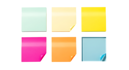 Six colorful sticky notes arranged in two rows isolated on transparent background