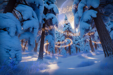 Magical Snowy Forest with Twinkling Fairy Lights