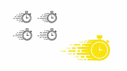 Graphic illustration of a speeding yellow stopwatch leaving gray stopwatches behind with motion lines on a white background.