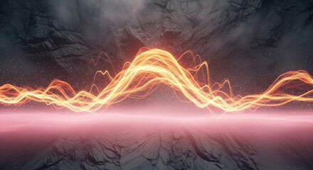 Vibrant fiery energy wave pulsating across a textured surface with atmospheric haze