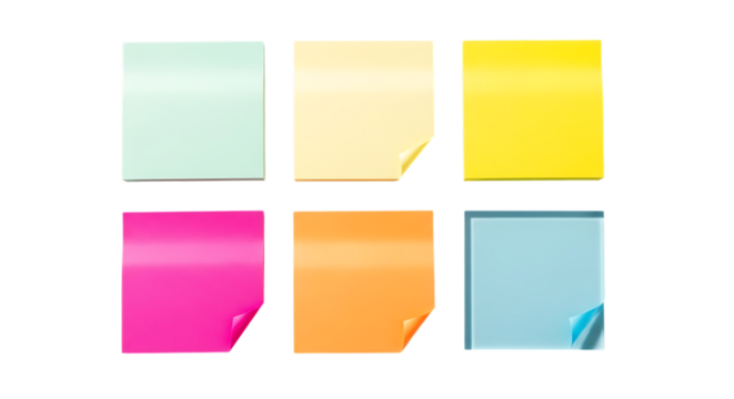 Six colorful sticky notes arranged in two rows isolated on transparent background