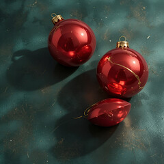 Red Christmas Ornaments on Dark Green Surface Decoration