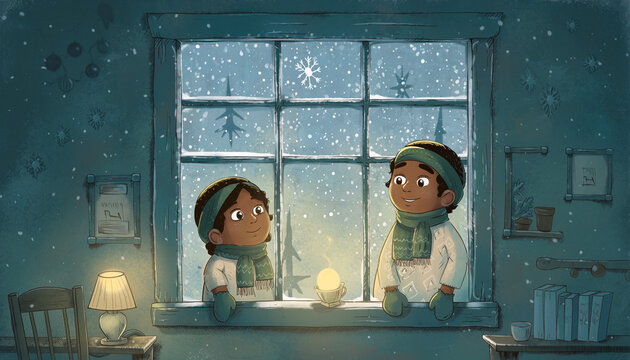 Two children in warm clothing looking out a window at snow falling at night in a cozy room with a candle and lamp.