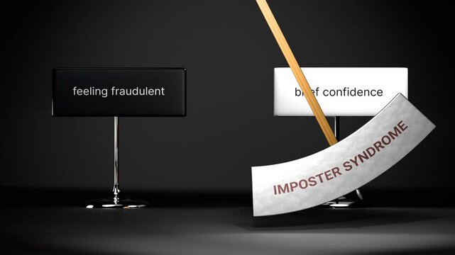 Imposter syndrome cycles between feeling fraudulent and brief confidence. Visualizing a repeated pattern of imposter syndrome that swings between extremities: feeling fraudulent and brief confidence.