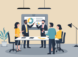 Business team collaborating on data presentation in an office