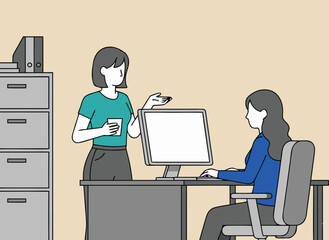 Two women collaborating in office, discussing work by computer