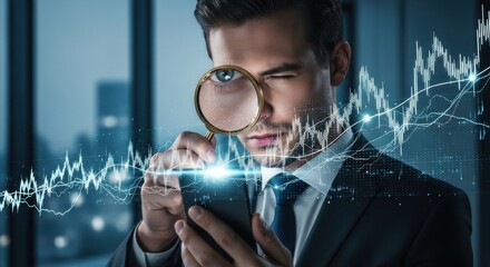 A man in a suit holding a magnifying glass to his eye, looking at a stock market graph on a smartphone.