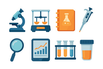 Science lab equipment, microscope, beaker, flat vector illustration