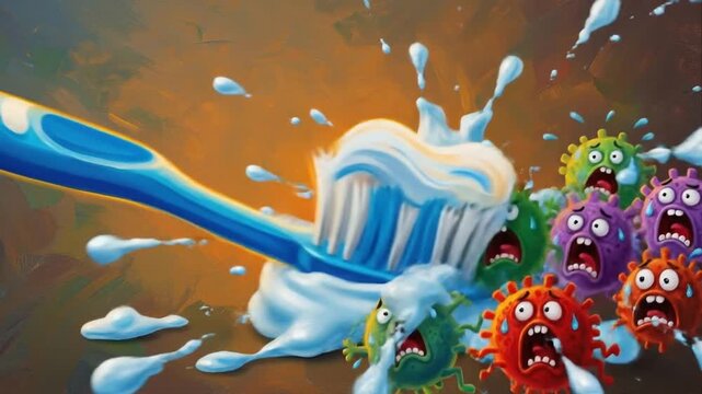 Toothbrush with toothpaste combating germs in a vibrant illustration