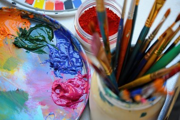 Vibrant paint palette and brushes showcase tactile art progress in studio.