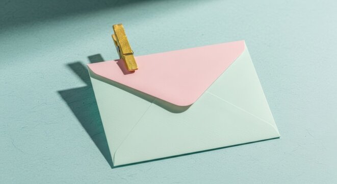 A golden pen attaches a pink note to a stack of light blue paper sheets