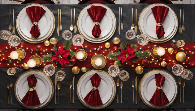 A festive holiday table setting with six place settings, each featuring a red napkin on a white plate, surrounded by gold utensils, glassware, and decorations on a black tablecloth with a