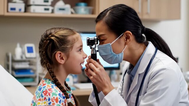 Female optometrist wearing mask examines young girls eye with an ophthalmoscope in a clinic setting