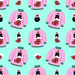 Black Cat Christmas Sweater Seamless Pattern Cute Holiday Cat Design with mint green background