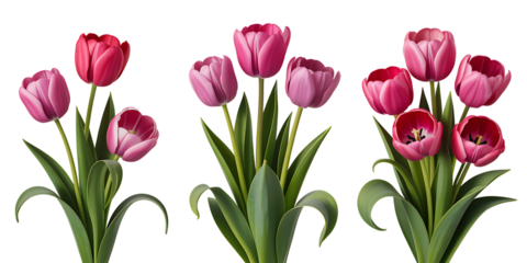 A vibrant collection of pink tulips in various stages of bloom on transparent background.