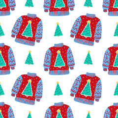 Christmas Tree Sweater Seamless Pattern Festive Winter Print with Transparent background