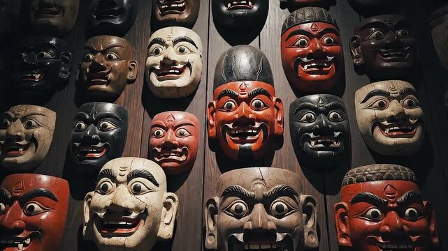 Collection of Traditional Indonesian Wayang Topeng Masks Displayed on Wooden Wall Vibrant Colors Detailed Craftsmanship