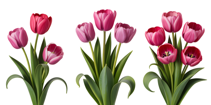 A vibrant collection of pink tulips in various stages of bloom on transparent background.
