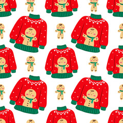 Gingerbread Christmas Sweater Seamless Pattern Cute Holiday Design with Transparent background