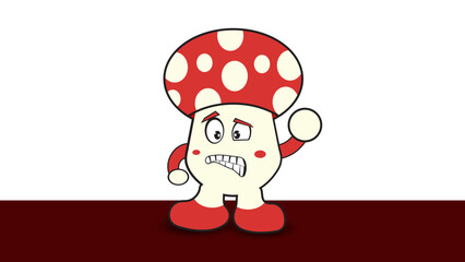 Worried cartoon mushroom character with red spotted cap