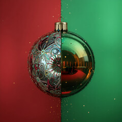 Holiday Ornament with Split Design on Red and Green Background