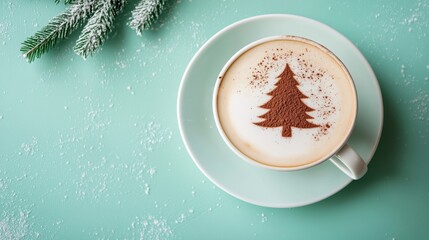 Hot beverage in a white cup with a cocoa tree design on frothy milk, placed on a mint green surface with snowflakes and pine branches, celebrating winter holidays