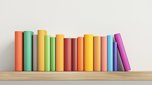Colorful collection of books arranged on a wooden shelf against a plain wall, showcasing vibrant spines and inviting a sense of creativity and knowledge with copy space