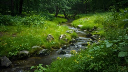 Serpentine Forest River with Lush Green Grass, Wild Plants, and Natural Stones in 4K