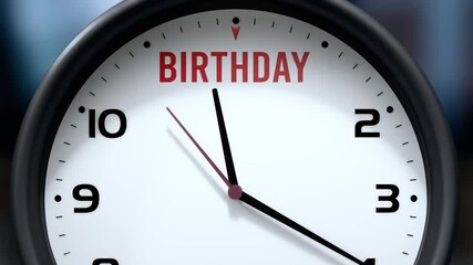 Birthday that is going to happen soon. Upcoming birthday, approaching in the near future. Birthday almost here, in a short time - a clock symbolizes a reminder that birthday is near.