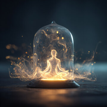 A surreal, conceptual illustration of a glowing, human-like silhouette meditating within a transparent, intricate glass dome surrounded by calming, flowing, abstract digital particles, soft focus, dep