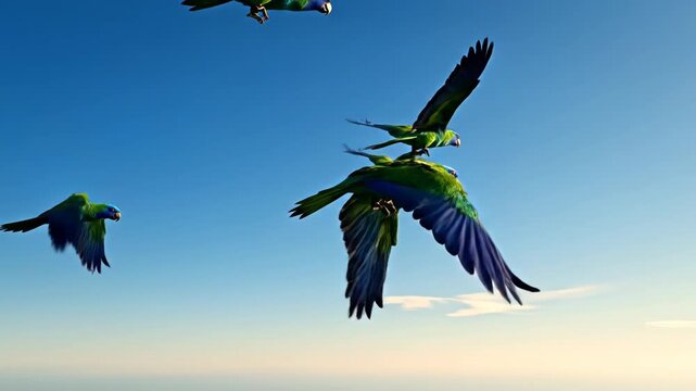 Four vibrant bluecrowned parakeets flying dynamically across a clear, bright blue sky with motion blur