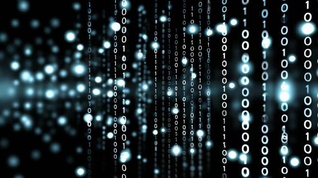 Abstract digital background depicting streams of binary code and glowing particles. Perfect for illustrating concepts related to data, programming, and computer science.