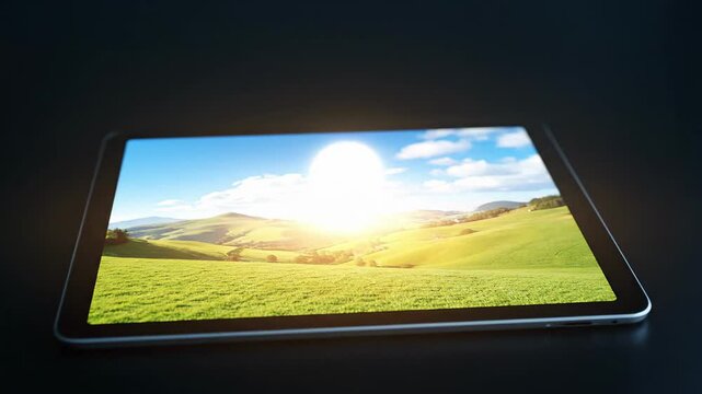 Cinematic view of a glowing hot air balloon rising from a digital tablet screen display, representing concept launch, creative journey, and technological ambition.