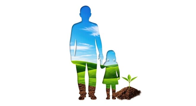 A man and a child holding hands, standing in front of a landscape with a tree and a seedling, symbolizing environmental conservation and sustainability.