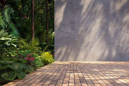 3D render of a serene outdoor space with wooden deck, concrete panel wall, and lush tropical vegetation, blending industrial design with natural tranquility.