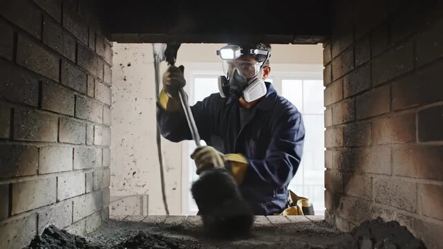 mason restoring brick fireplace with sledgehammer, wearing respirator, headlamp and gloves, chiseling damaged mortar while dust and soot fill confined hearth, focused professional clearing debris,